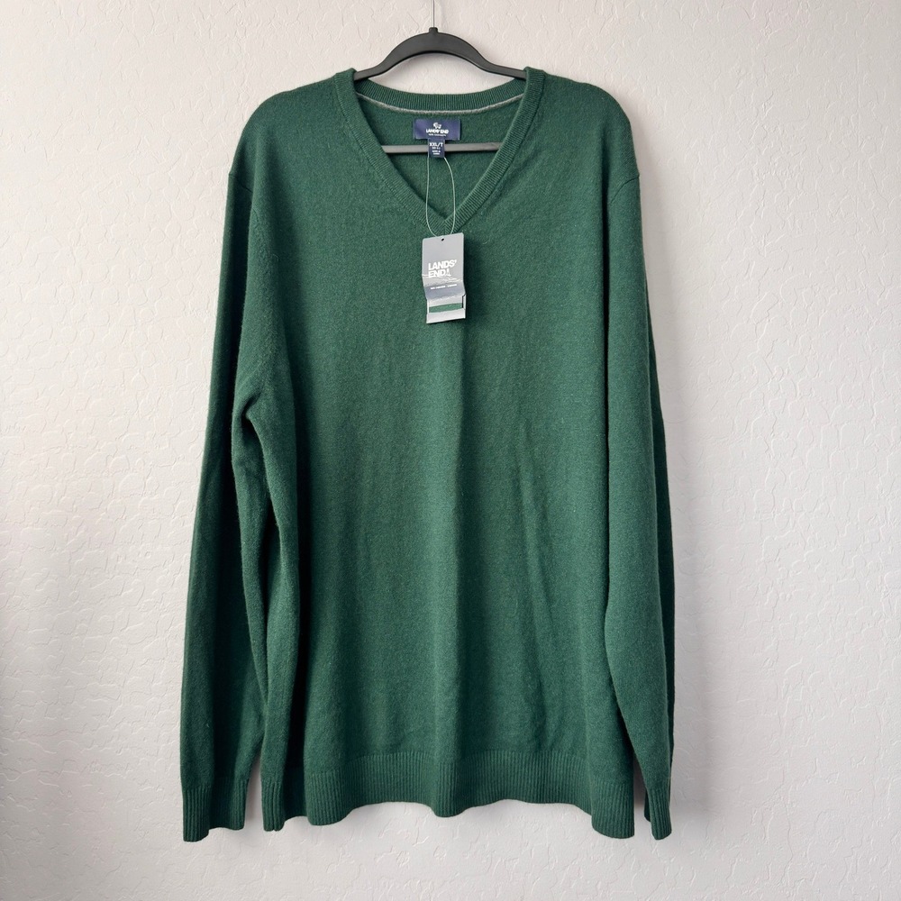 NWT Lands' End XXL/Tall Sweater Green Long Sleeve 100% Cashmere V-Neck